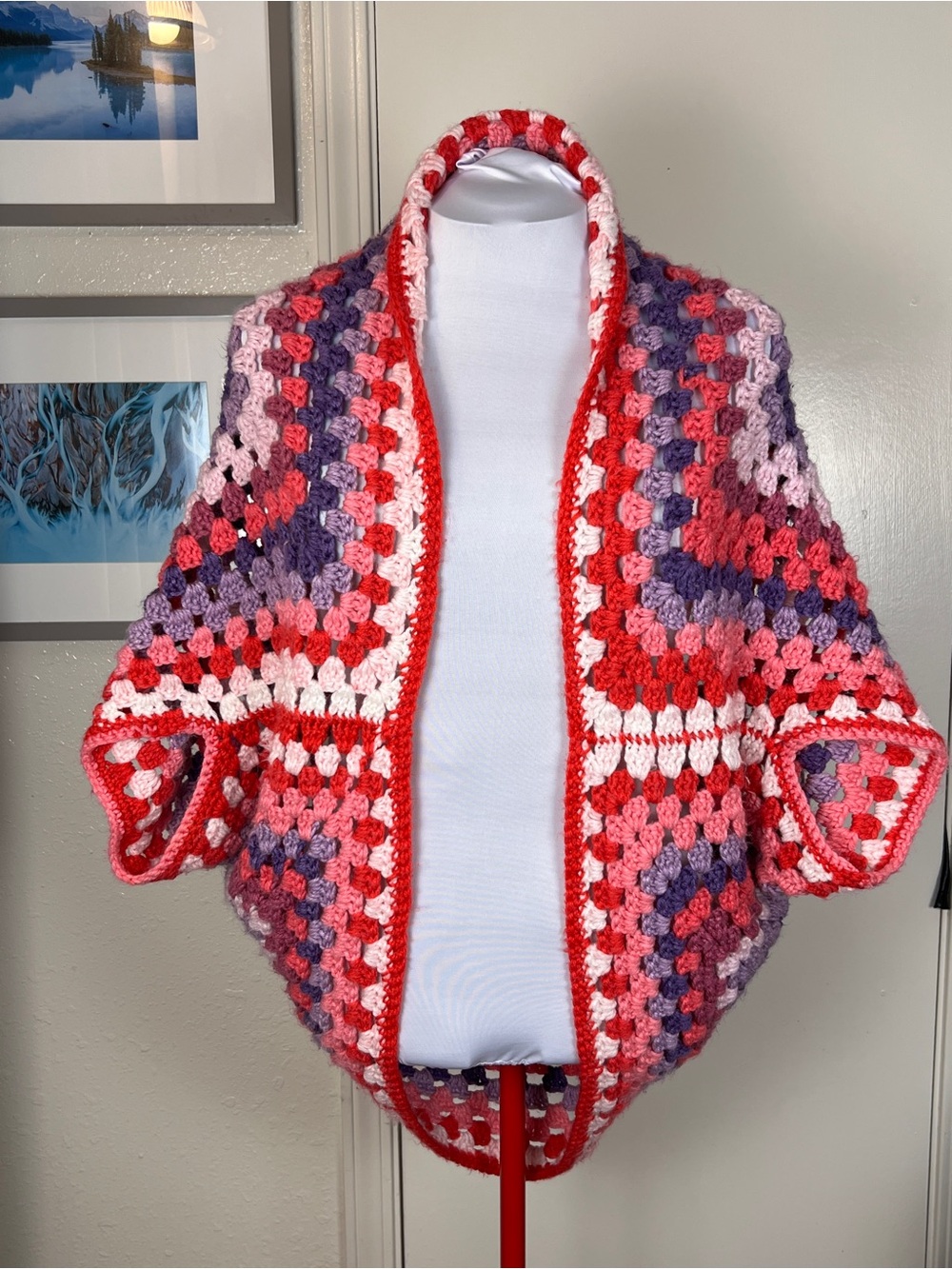 Handmade Crochet Granny Square Cocoon Cardigan Shawl Shruggie Boho Shrug | OS